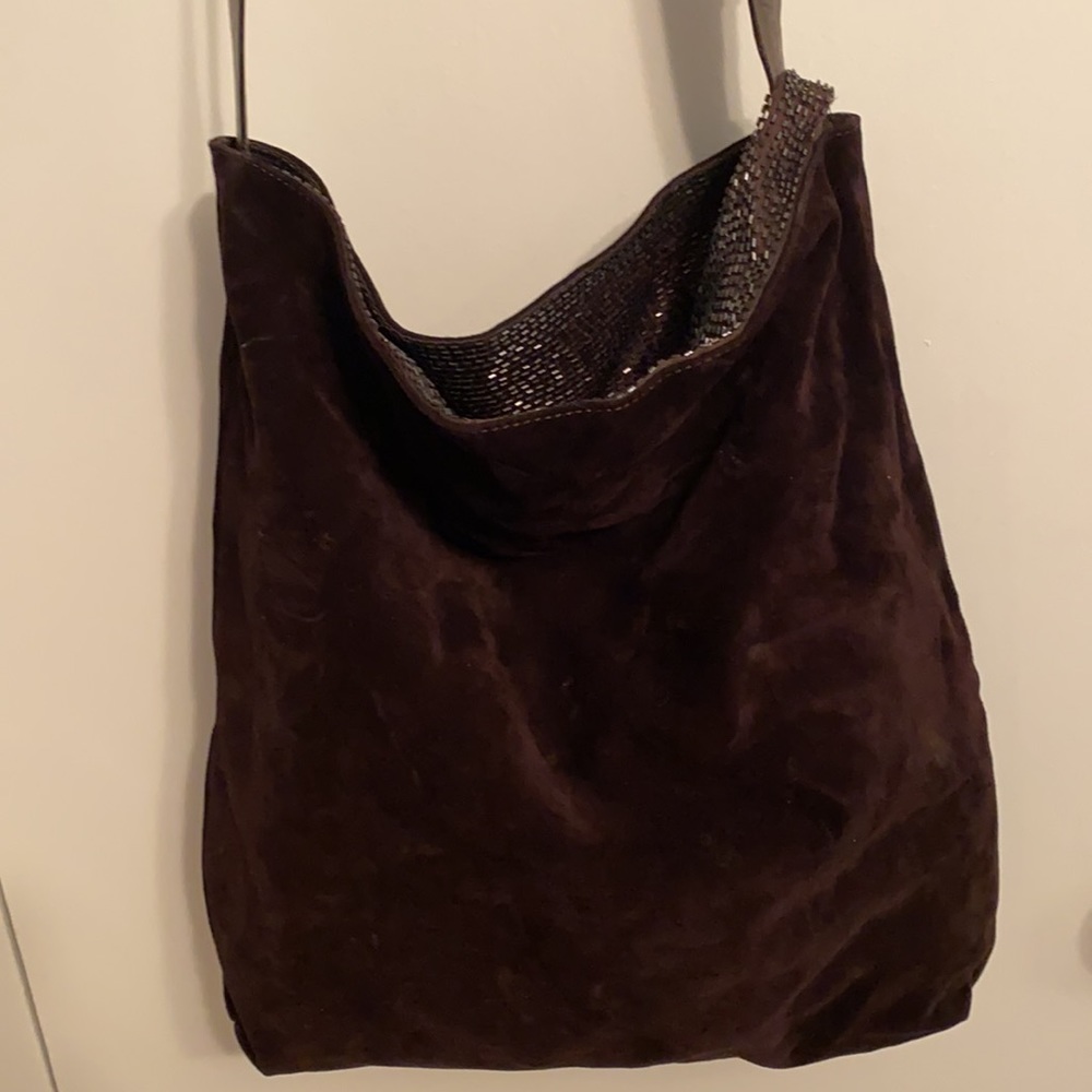 CalvinKlein couture gorgeous dk chocolate suede messenger crossbody beaded trim